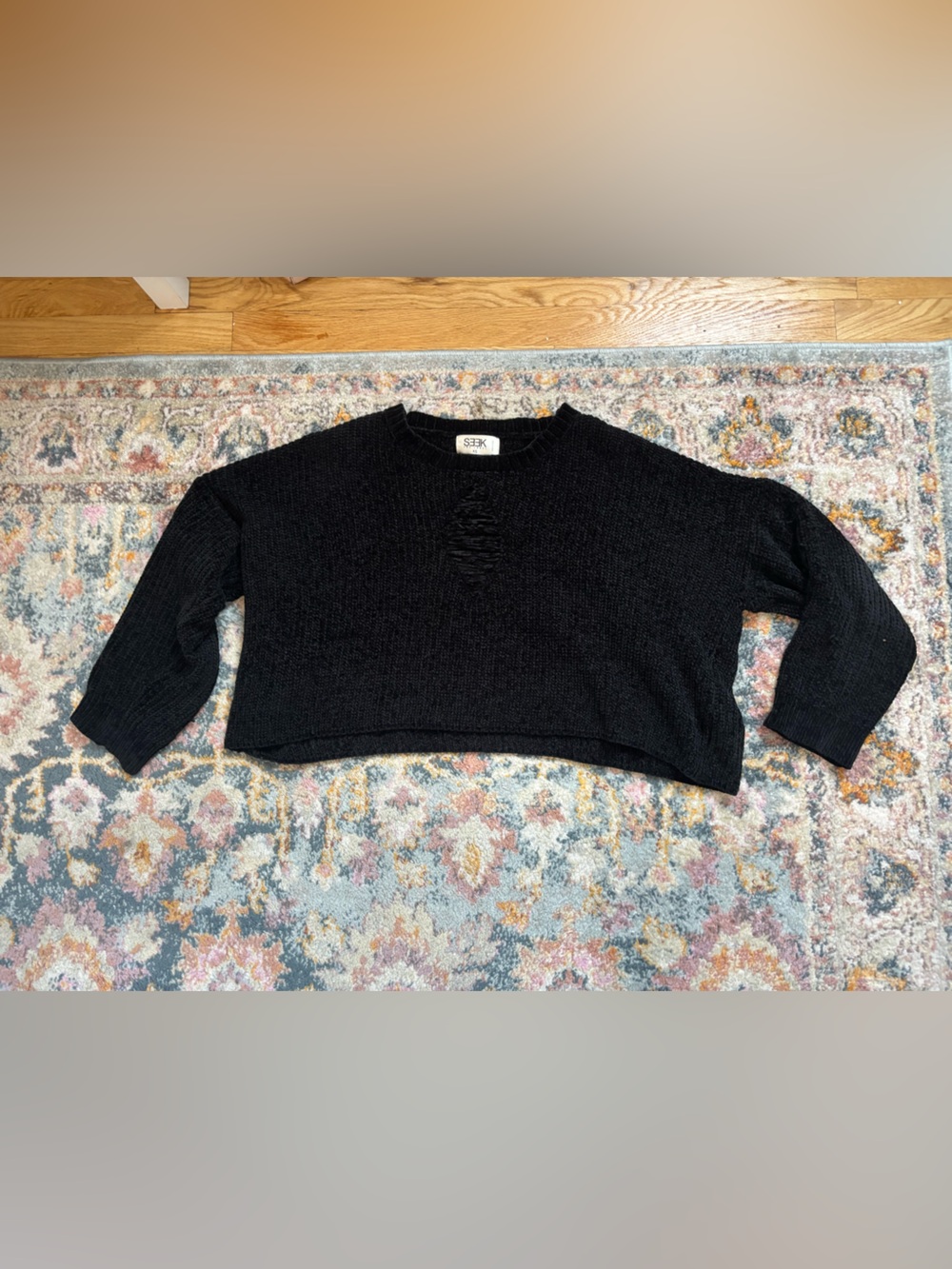 Cropped Black Crewneck Sweater with Subtle Distress - Women